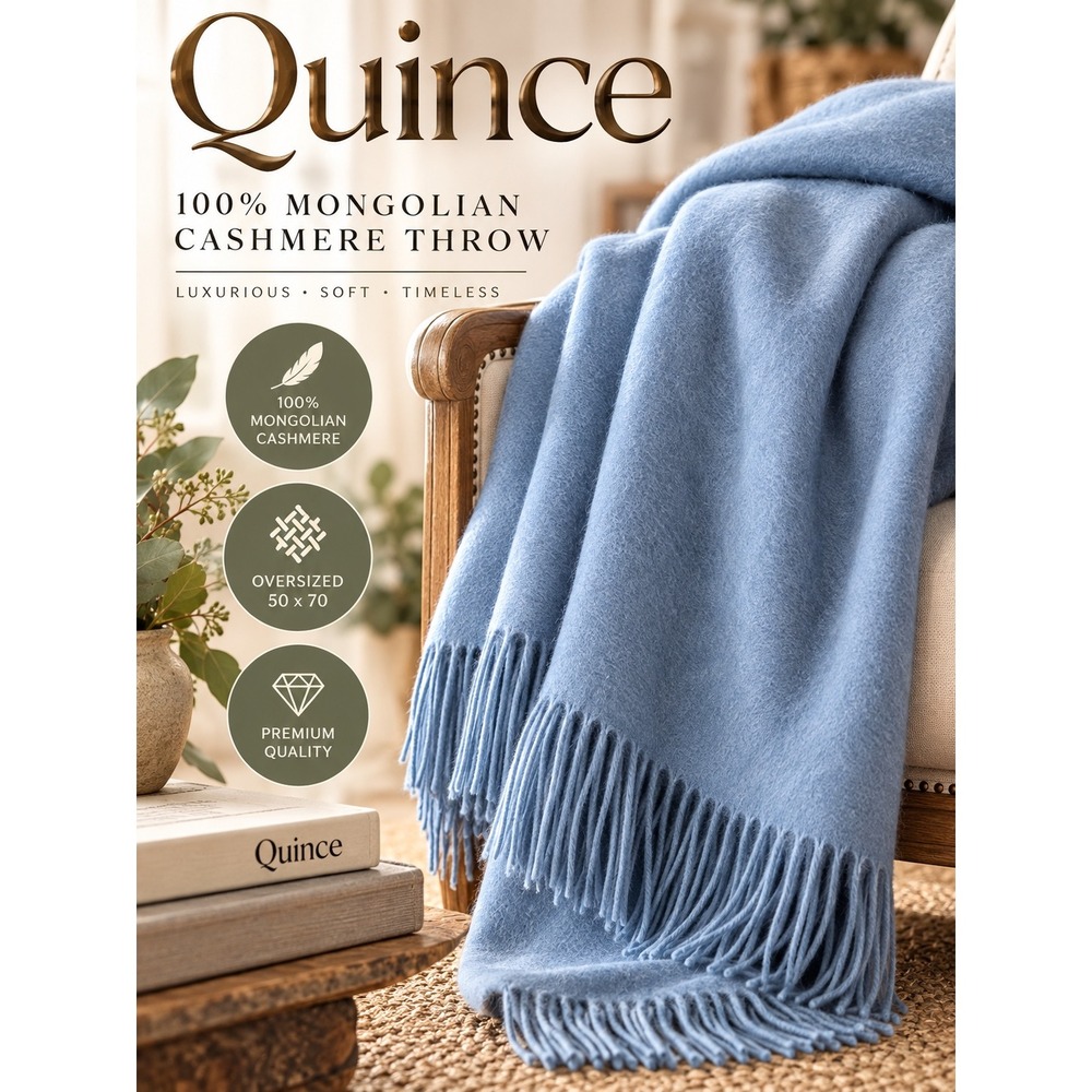 Quince 100% Mongolian Cashmere Throw 50x70 Faded Denim Blue NWT Luxury Blanket